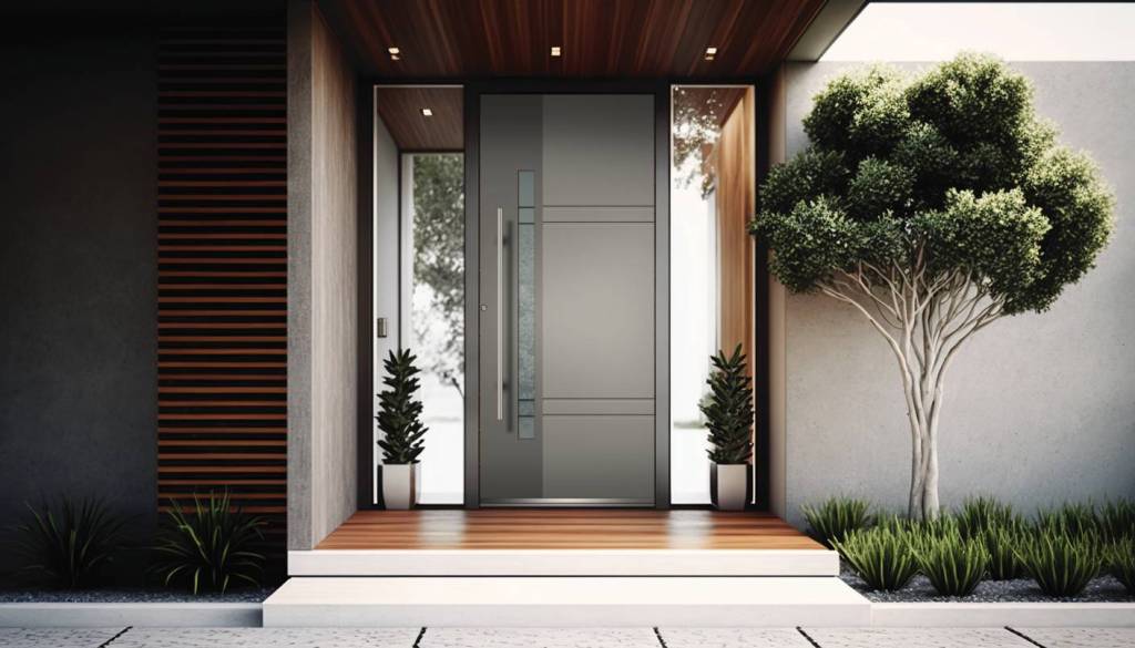 Modern luxury house front door with metal handle, big glass side