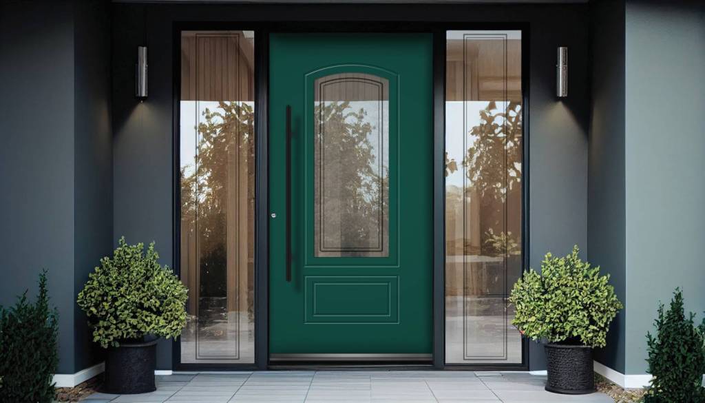 Wooden entrance door to modern white house with paving footpath and backside garden